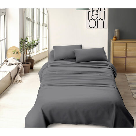 Completo Letto No Stiro Prodotto Italiano Set Lenzuola Tinta Unita Effetto Raso Lenzuolo Sotto Fino 30 Cm Con Angoli Elasticizzati Sopra Federe Antracite - Matrimoniale King