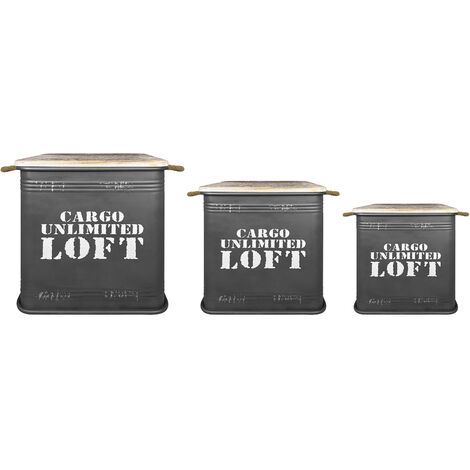 Set 3 Contenitori Grandi In Acciaio Cargo Unlimited Loft Pouf Sgabello Coperchio In Legno Vintage Sgabelli Militari Contenitore Metallo Antracite (1/5)