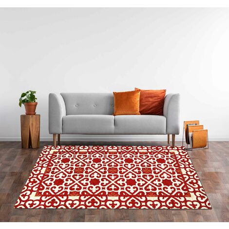 Tappeto Arredo Moderno Morbido in Ciniglia Ingresso Antiscivolo Prodotto Italiano Soggiorno Camera Salotto Disegni Piazzati Cotone Varie Misure Grande Arabic Rosso - 65x175 cm (1/5)