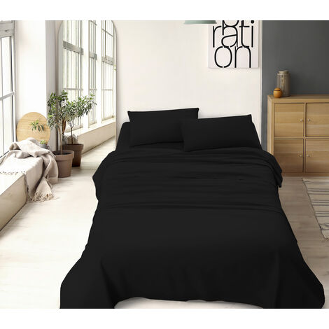 Completo Letto No Stiro Prodotto Italiano Set Lenzuola Tinta Unita Effetto Raso Lenzuolo Sotto Fino 30 Cm Con Angoli Elasticizzati Sopra Federe Nero - Francese