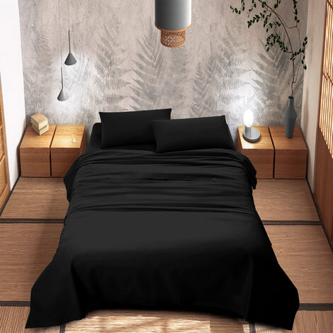 Completo Letto 100% Puro Cotone Set Lenzuola Tinta Unita Lenzuolo Sotto Sopra e Federe Copri Cuscini Biancheria Da Letto  Nero - Singolo
