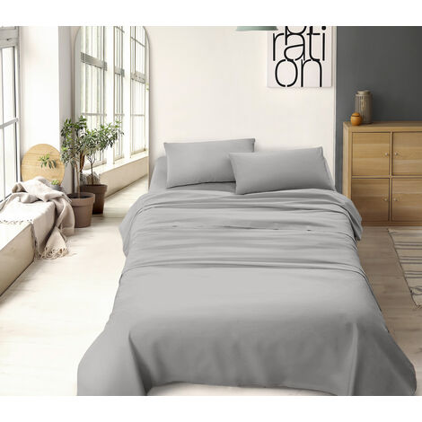 Completo Letto No Stiro Prodotto Italiano Set Lenzuola Tinta Unita Effetto Raso Lenzuolo Sotto Fino 30 Cm Con Angoli Elasticizzati Sopra Federe Grigio - Francese