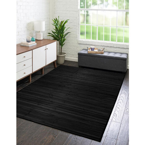 Tappeto Arredo In Vero Bamboo Naturale Grande a Listelli Bordato Bambù Soggiorno Cucina Salotto Listello Legno Nero - 140x200cm