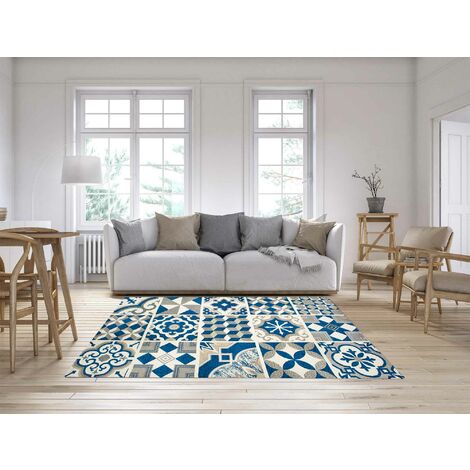 Tappeto Arredo Moderno Morbido in Ciniglia Ingresso Antiscivolo Prodotto Italiano Soggiorno Camera Salotto Disegni Piazzati Cotone Varie Misure Grande Maioliche Ottanio - 65x115 cm (1/5)