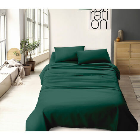 Completo Letto No Stiro Prodotto Italiano Set Lenzuola Tinta Unita Effetto Raso Lenzuolo Sotto Fino 30 Cm Con Angoli Elasticizzati Sopra Federe Verdebosco - Singolo