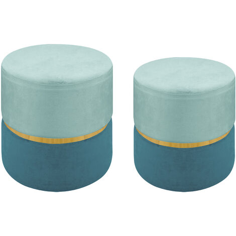 Set 2 Pezzi Coppia Di Pouf Cilindro Poggiapiedi Camera Design Pouff Cameretta Con Fascia Dorata Salotto In Velluto Sgabello  Petrolio
