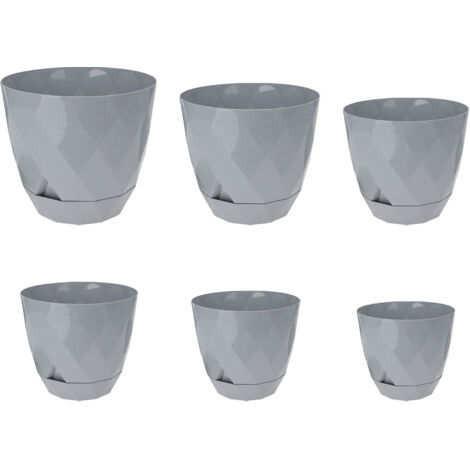 Vaso Da Fiori Piante Rotondo Con Sottobicchiere Integrato Moderno Plastica Lucida Ambiente Esterno e Interno Vaso Decorativo Riserva Acqua Rombi Con Sottovaso Grigio - 1,3 Litri