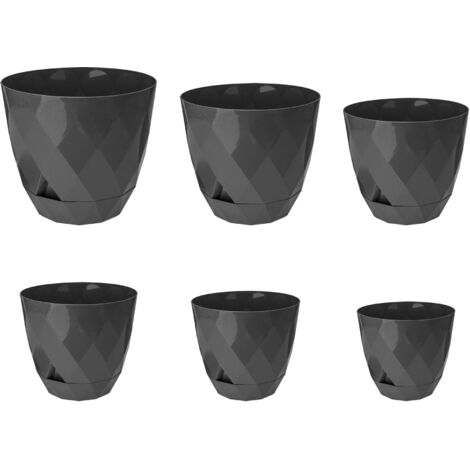 Vaso Da Fiori Piante Rotondo Con Sottobicchiere Integrato Moderno Plastica Lucida Ambiente Esterno e Interno Vaso Decorativo Riserva Acqua Rombi Con Sottovaso Nero - 1,3 Litri