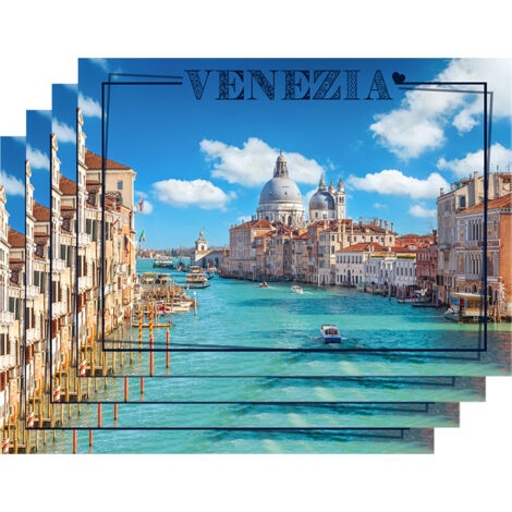 Set 4 Pezzi Tovagliette Americane Città In Vinile Made In Italy Colazione Pranzo Antiscivolo Resistenti Al Calore Facilmente pulibili Riutilizzabili Cartolina Tovaglia Idea Regalo Venezia