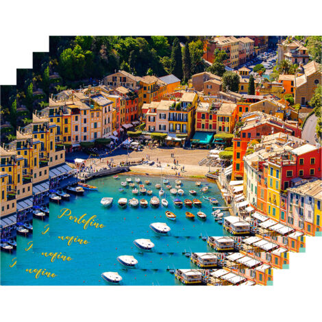 Set 4 Pezzi Tovagliette Americane Città In Vinile Made In Italy Colazione Pranzo Antiscivolo Resistenti Al Calore Facilmente pulibili Riutilizzabili Cartolina Tovaglia Idea Regalo Portofino