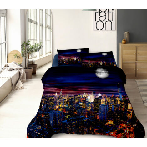 Completo Letto Lenzuola 100% Cotone Set Lenzuolo Moderno Sotto Sopra Federe Due Stampe In Altissima Definizione Dis61manhattan - Matrimoniale