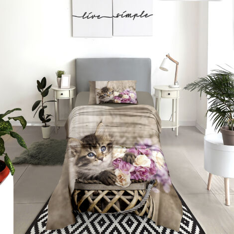 Completo Letto Lenzuola 100% Cotone Set Lenzuolo Moderno Sotto Sopra Federe Due Stampe In Altissima Definizione Dis66flowersKitten - Singolo