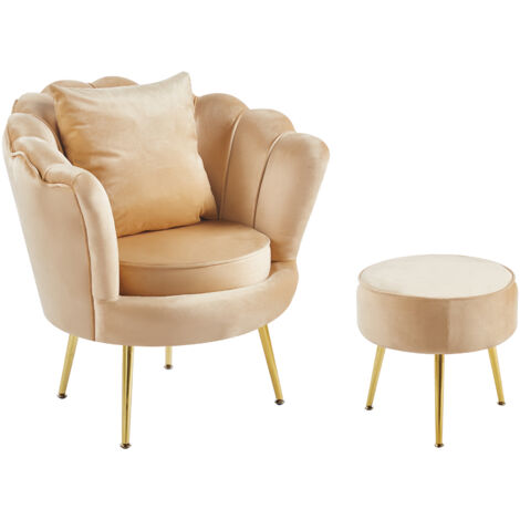 Poltrona Camera da Letto e Salotto in Velluto con Poggiapiedi Contenitore - Poltroncina Conchiglia con Gambe in Metallo Placcato Oro - Design Moderno, Seduta Morbida con Cuscino - Sedia in Velluto Bei (1/5)