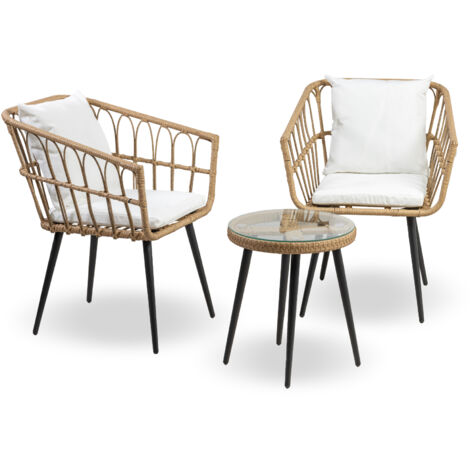 Salottino Da Esterno In Rattan Set Bistrot Poltrone E Tavolino Elegante Telaio In Acciaio Tavolo Salotto Con Piano In Vetro Con 2 Sedie Con Comodi Cuscini Terrazzo Balcone Giardino Giava (1/5)