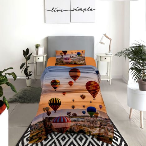 Completo Letto Lenzuola 100% Cotone Set Lenzuolo Moderno Sotto Sopra Federe Due Stampe In Altissima Definizione Dis78mongolfiere - Singolo