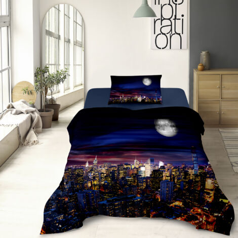 Completo Letto Lenzuola 100% Cotone Set Lenzuolo Moderno Sotto Sopra Federe Due Stampe In Altissima Definizione  Dis61manhattan - Una Piazza e Mezza