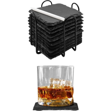 Set 10 Pezzi Sottobicchieri Quadrati In Ardesia 10 x 10 Cm Colore Nero Pietra Naturale Certificati Contatto Alimentare Con Gommini Antiscivolo Sottobicchiere Bar,Birreria,Casa Accessori Decorazione Ta (1/5)