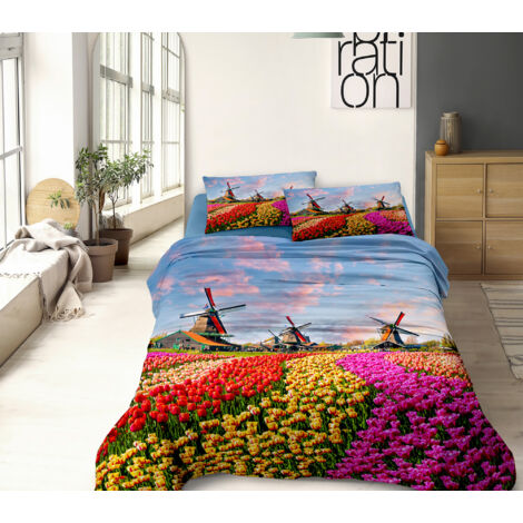 Completo Letto Lenzuola 100% Cotone Set Lenzuolo Moderno Sotto Sopra Federe Due Stampe In Altissima Definizione  Dis60olanda - Matrimoniale