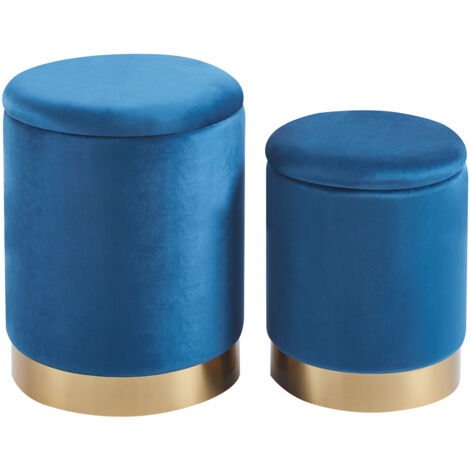 Set Di 2 Pouf Contenitori In Velluto Design Moderno Poggiapiedi,Sgabello Tondo con Coperchio Rimovibile e Seduta Imbottita Alta Densità Con Fascia In Metallo Contenitore Capiente Storage Box Blu