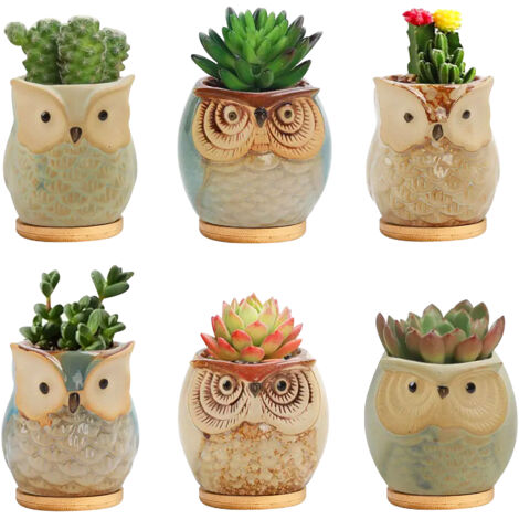 Set 6 Pezzi Vasi In Ceramica Fiori Piante Grasse Gufi Con Sotto Vaso In Bambù Foro Centrale Vasetti Cactus Decorazione Interno Esterno Casa Vasetto Con Foro Scarico Scrivania Comodino Ufficio Fioriera