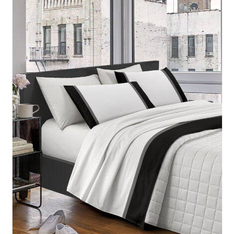 Completo Letto Lenzuola 100% Raso Di Cotone Con Balza Applicata Stampa Digitale Nel Lenzuolo Sopra E Federe Sotto Due Piazze Con Angoli Elastici Tinta Unita Grigio - Matrimoniale