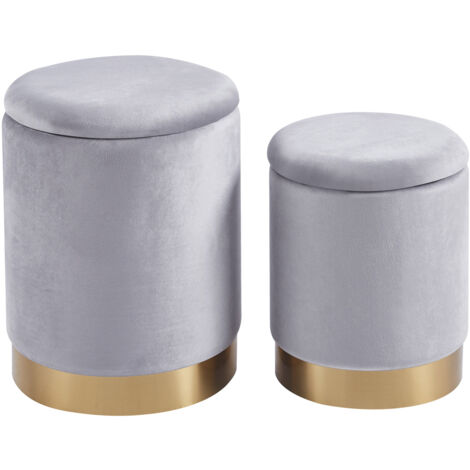 Set Di 2 Pouf Contenitori In Velluto Design Moderno Poggiapiedi,Sgabello Tondo con Coperchio Rimovibile e Seduta Imbottita Alta Densità Con Fascia In Metallo Contenitore Capiente Storage Box Grigio