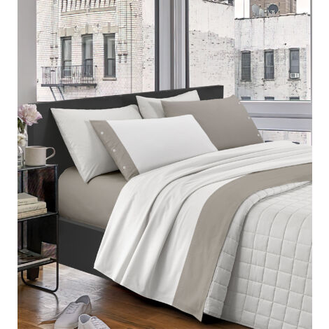 Completo Letto Lenzuola Matrimoniale Elegante,100% Cotone, Set Letto Due Piazze,Tinta Unita Lenzuolo Sopra, Sotto e Federe Con Bordo Applicato Soft Touch Misure Maxi  Tortora - Matrimoniale