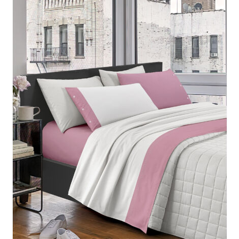 Completo Letto Lenzuola Matrimoniale Elegante,100% Cotone, Set Letto Due Piazze,Tinta Unita Lenzuolo Sopra, Sotto e Federe Con Bordo Applicato Soft Touch Misure Maxi  Rosa - Matrimoniale