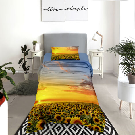Completo Letto Lenzuola 100% Cotone Set Lenzuolo Moderno Sotto Sopra Federe Due Stampe In Altissima Definizione Dis73girasoli - Singolo