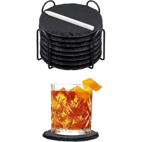 Set 8 Pezzi Sottobicchieri Rotondi In Ardesia 10 Cm Colore Nero Pietra Naturale Certificati Contatto Alimentare Con Gessetto Supporto Metallo Gommini Antiscivolo Sottobicchiere Bar,Birreria,Casa Acces (1/5)
