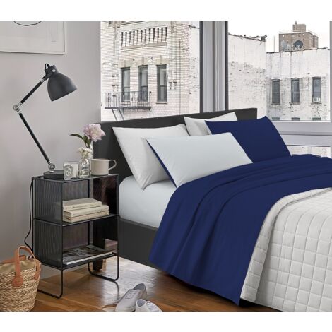 Completo Letto In Morbido Cotone Di Flanella Antipilling Set Lenzuola Bicolore Lenzuolo Sopra Sotto Federe Bluscuro-Grigio - Singolo