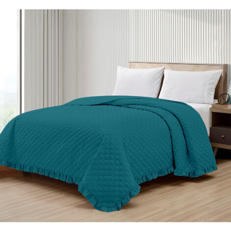 Copriletto Trapuntato Con Frill Matrimoniale Trapuntino Tinta Unita Due Piazze Con Balze Coperta Leggera Primavera Estate Trapunta Coperta Leggera Con Balza Applicata Petrolio - Matrimoniale