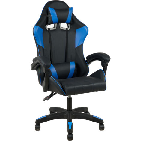 Sedia Gaming Professionale SimilPelle Reclinabile Con Braccioli Poltrona Ufficio Regolabile in Altezza Pistone Gas,Cuscino Poggiatesta E Lombare Gamer Blu