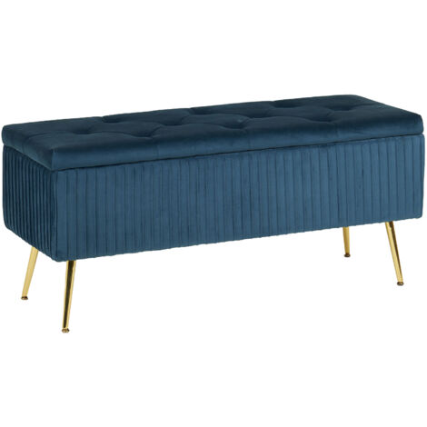 Panca Imbottita Divanetto In Velluto Contenitore Pouf Grande XXL PortaOggetti Panca Sgabello A Pie Di Letto Con Gambe In Metallo Dorato Cassapanca Ingresso Legno Massello Panchina - Blu