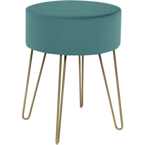 Pouf Poggiapiedi In Velluto Con Gambe Dorate Elegante Imbottito Sgabello Per Toeletta Mobile Trucco Ottomano Ingresso Tavolino Camera Da Letto Soggiorno Salotto Petrolio - Rotondo