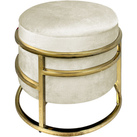 Pouf Contenitore Poggiapiedi Velluto Con Struttura Circolare Cromata Oro Elegante Imbottito Sgabello Per Toeletta Mobile Trucco Ottomano Ingresso Camera Da Letto Soggiorno Salotto Rotondo Beige