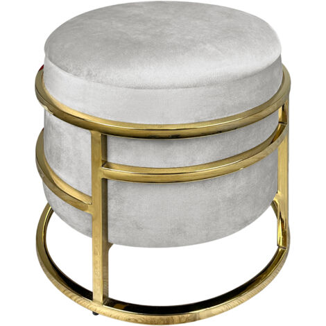 Pouf Contenitore Poggiapiedi Velluto Con Struttura Circolare Cromata Oro Elegante Imbottito Sgabello Per Toeletta Mobile Trucco Ottomano Ingresso Camera Da Letto Soggiorno Salotto Rotondo Grigio chiar