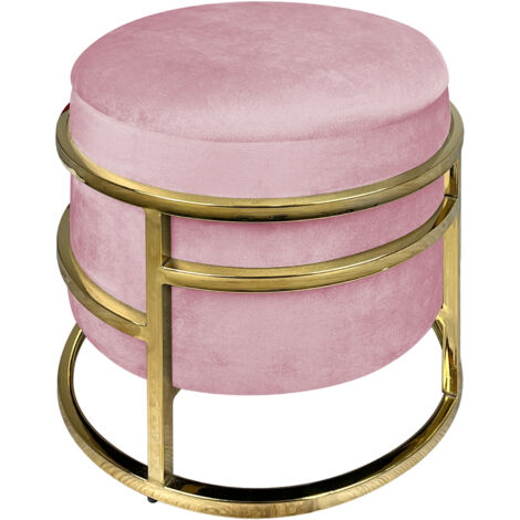 Pouf Contenitore Poggiapiedi Velluto Con Struttura Circolare Cromata Oro Elegante Imbottito Sgabello Per Toeletta Mobile Trucco Ottomano Ingresso Camera Da Letto Soggiorno Salotto Rotondo Rosa
