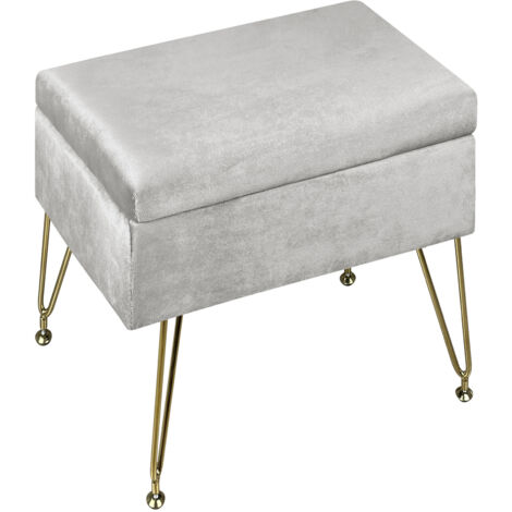 Pouf Contenitore Poggiapiedi Velluto Con Struttura Circolare Cromata Oro Elegante Imbottito Sgabello Per Toeletta Mobile Trucco Ottomano Ingresso Camera Da Letto Soggiorno Salotto Rotondo Grigio chiar