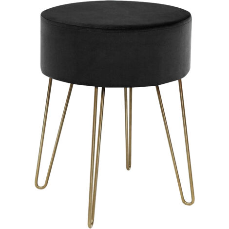 Pouf Poggiapiedi In Velluto Con Gambe Dorate Elegante Imbottito Sgabello Per Toeletta Mobile Trucco Ottomano Ingresso Tavolino Camera Da Letto Soggiorno Salotto Nero - Rotondo