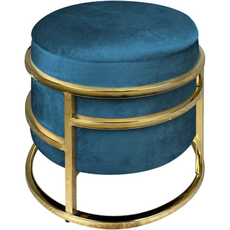 Pouf Contenitore Poggiapiedi Velluto Con Struttura Circolare Cromata Oro Elegante Imbottito Sgabello Per Toeletta Mobile Trucco Ottomano Ingresso Camera Da Letto Soggiorno Salotto Rotondo Petrolio