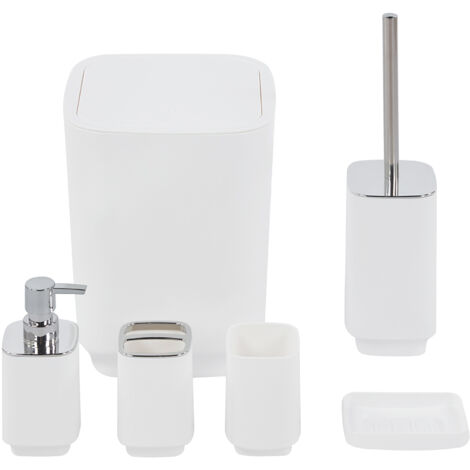 Set Completo Accessori Bagno 6 Pezzi Design Moderno In Plastica Resistente Con Finiture Lucide Incluso Cestino Pattumiera,Dispenser Sapone, PortaSaponetta, Porta Spazzolini, Portascopino Bicchiere Con