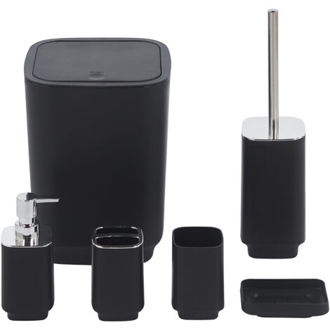Set Completo Accessori Bagno 6 Pezzi Design Moderno In Plastica Resistente Con Finiture Lucide Incluso Cestino Pattumiera,Dispenser Sapone, PortaSaponetta, Porta Spazzolini, Portascopino Bicchiere Con