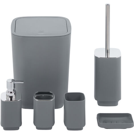Set Completo Accessori Bagno 6 Pezzi Design Moderno In Plastica Resistente Con Finiture Lucide Incluso Cestino Pattumiera,Dispenser Sapone, PortaSaponetta, Porta Spazzolini, Portascopino Bicchiere Con