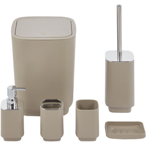 Set Completo Accessori Bagno 6 Pezzi Design Moderno In Plastica Resistente Con Finiture Lucide Incluso Cestino Pattumiera,Dispenser Sapone, PortaSaponetta, Porta Spazzolini, Portascopino Bicchiere Con