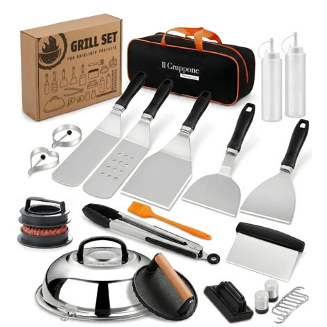 Set Accessori Barbecue Professionale 27 Pezzi Kit Completo BBQ Smash Burger, Pressa Hamburger, Spatole, Pinze, Cloche e Dispenser Salse – Utensili in Acciaio Inox con Borsa Trasporto