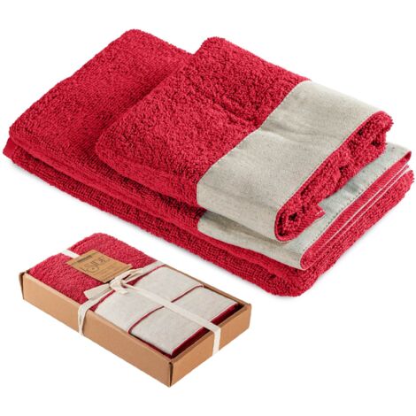 Set Asciugamani Bagno 2 Pezzi con Balza in Lino – Salvietta + Ospite – Morbidi, Super Assorbenti e Delicati sulla Pelle – Certificati OEKO-TEX – Eleganti e Resistenti  Fragola