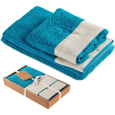 Set Asciugamani Bagno 2 Pezzi con Balza in Lino – Salvietta + Ospite – Morbidi, Super Assorbenti e Delicati sulla Pelle – Certificati OEKO-TEX – Eleganti e Resistenti Blu Baia