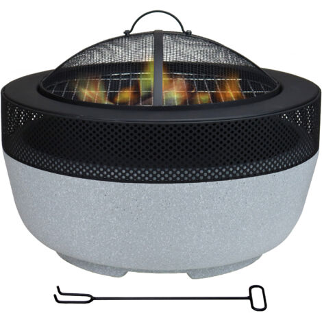 Braciere BBQ 2 in 1 da Esterno con Griglia – Focolare Rotondo in Acciaio e Pietra Naturale, 56 cm – Braciere a Legna con Coperchio Parascintille per Giardino e Terrazzo