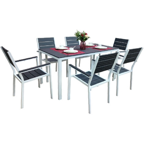 Set Tavolo da Giardino con 6 Sedie in Acciaio e Piano HDPE Effetto Teak, Tavolo Esterno Rettangolare Moderno Resistente alle Intemperie, Arredo Outdoor Terrazzo Balcone Grigioscuro (1/5)